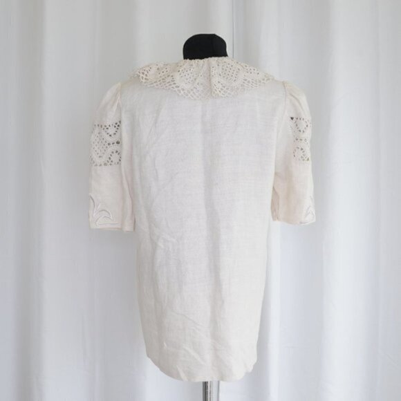 Vintage 1970s Boho Crochet Bib Collar Linen Blouse Sz M - Picture 3 of 9